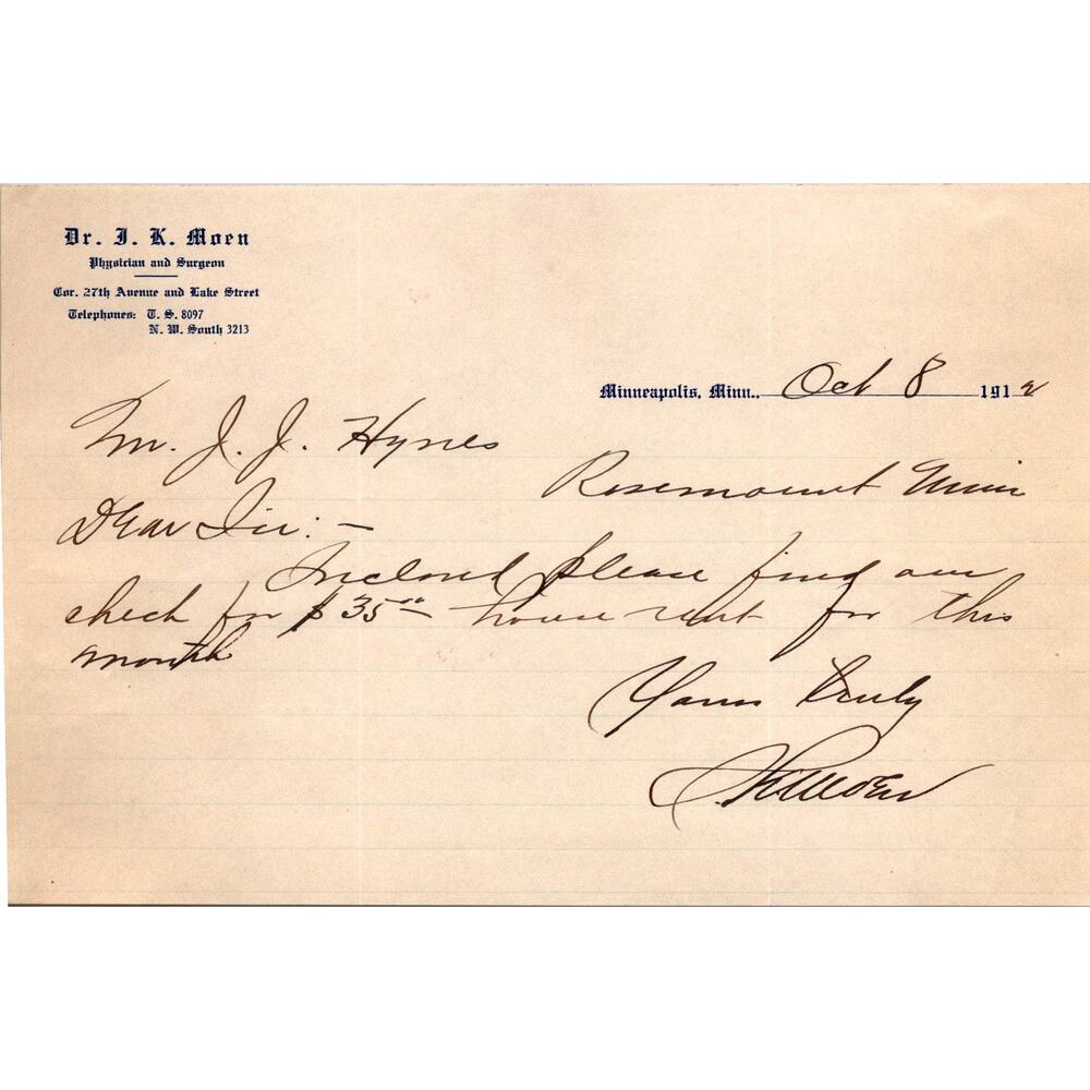 Dr. J. K. Moen Physician 1912 Minneapolis MN Antique Letterhead Billhead SK4